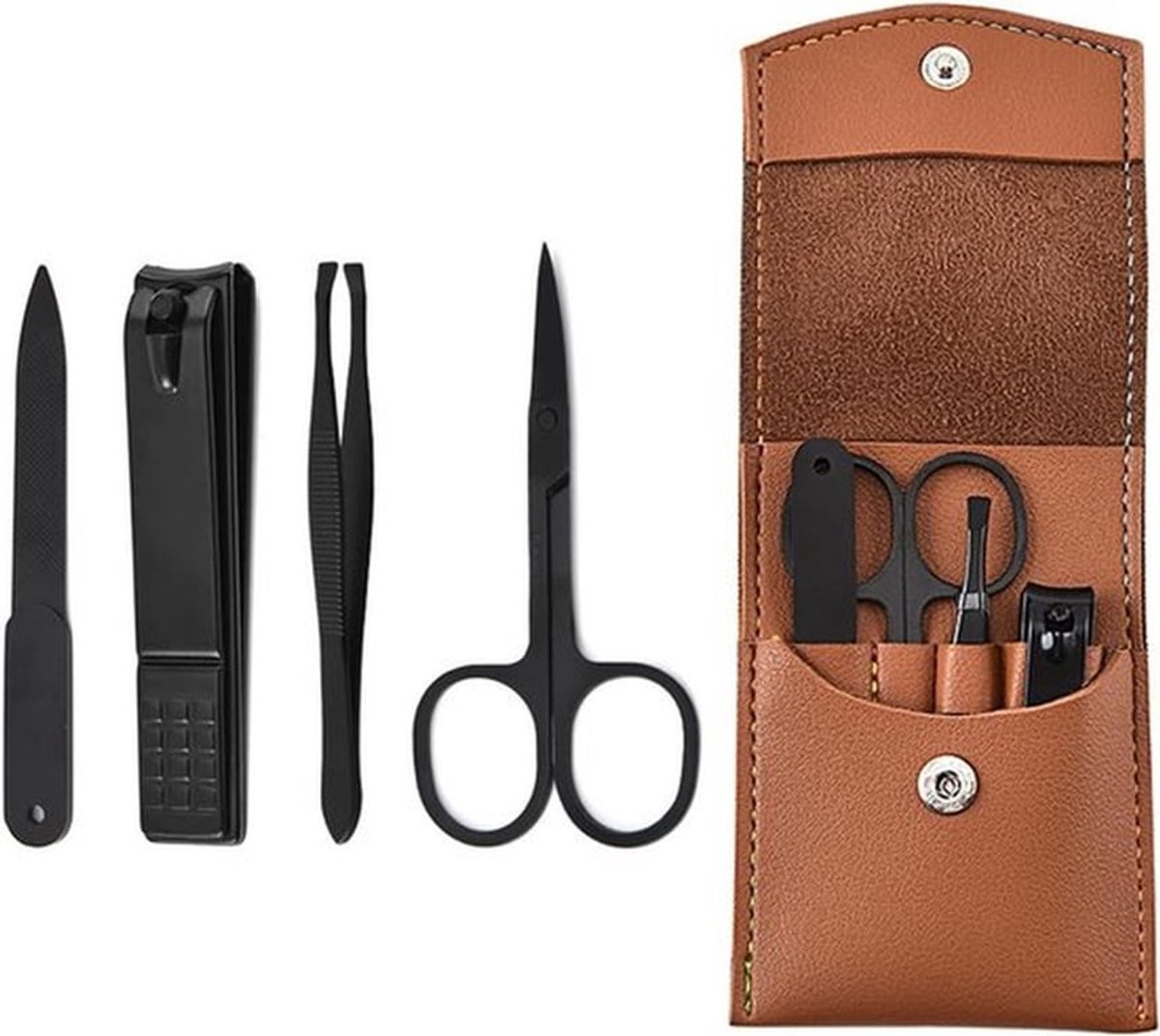 Complete Manicure Set met 4 Stukken - Nagelschaar, Wenkbrauwclip, Cosmetische Schaar en Vijl in Leren Etui - Perfect voor Nagelverzorging voor Dames en Heren
