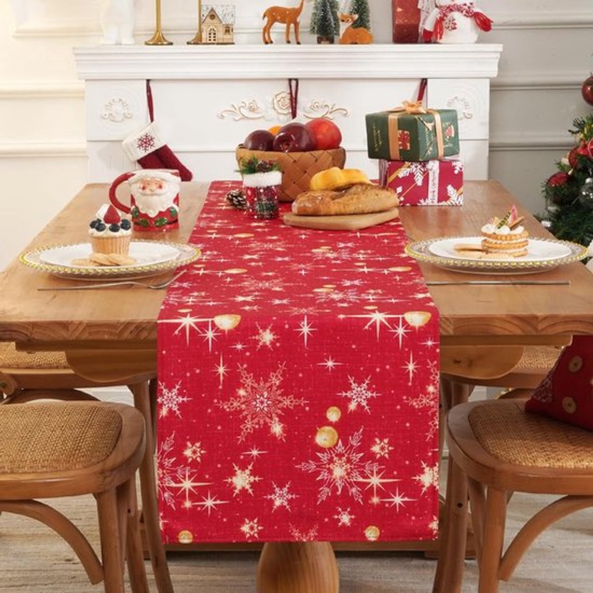 Kerst Tafelkleed met Sneeuwvlokken en Sterren, Waterafstotend Polyester, Wasbaar, Perfect voor Feestdagen, Eettafel Decoratie, 35 x 183 cm