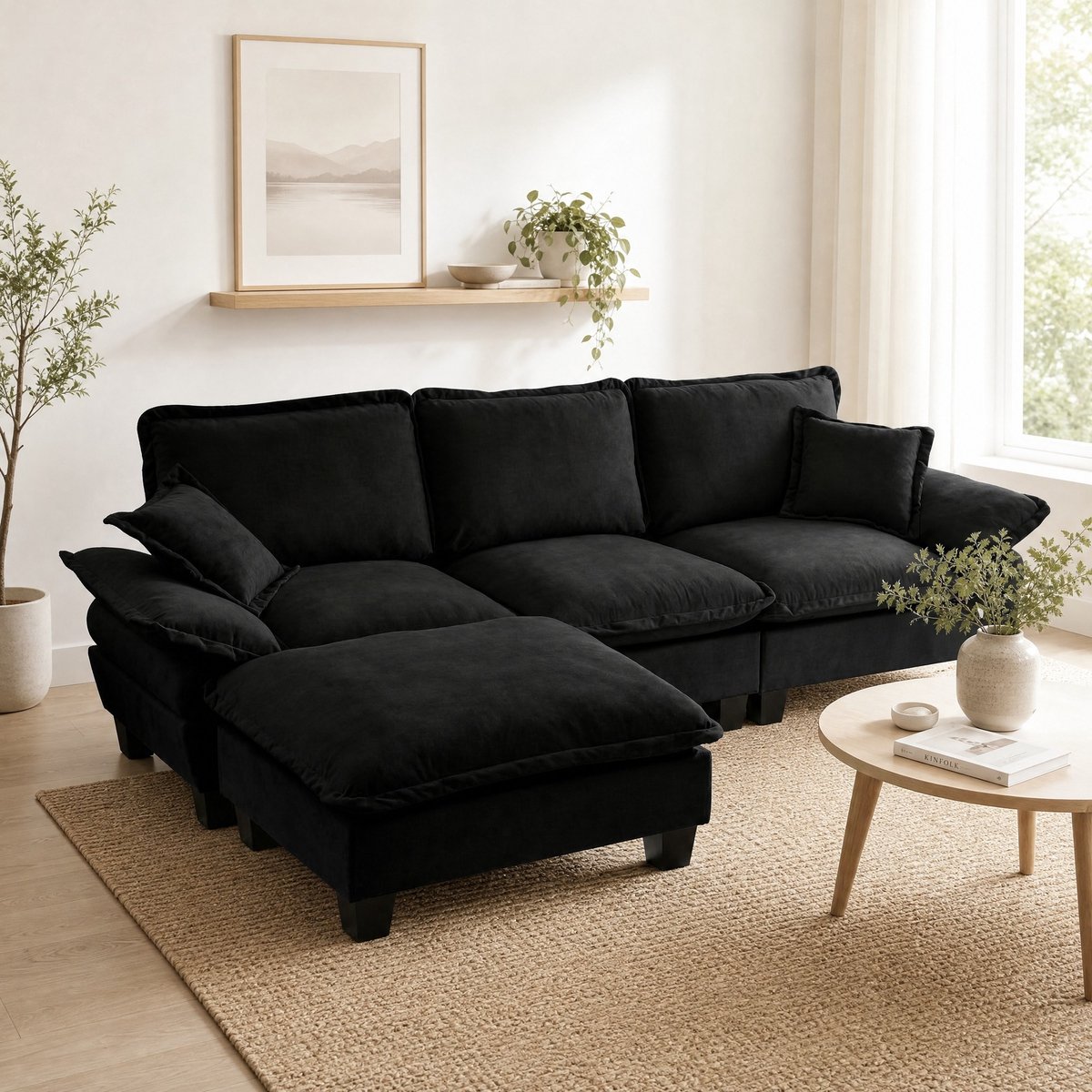 MEUNIQ Hoekbank L-vormig 264 x 155 x 90 cm met verplaatsbare ottomane, 2 kussens, chenille bekleding en houten frame voor woonkamer Zwart