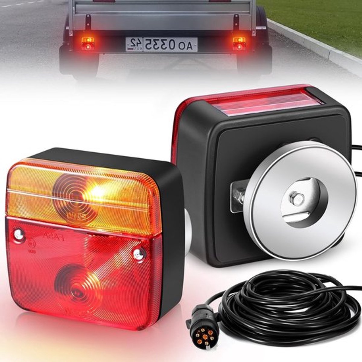 Magnetische 12V Trailer Achterlichten met 7-Pins Aansluiting en 7,5 m Kabel voor Trucks en Aanhangers - Stoplichten en Indicatorverlichting