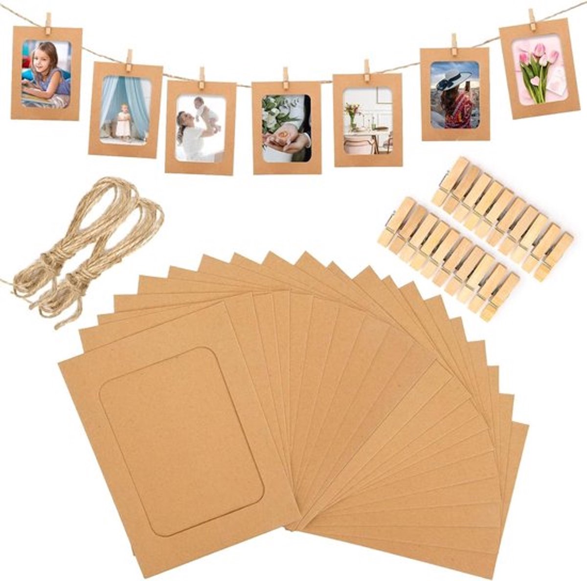 20 Stuks Fotogaren met Clips, DIY Kraft Papieren Fotolijsten 14 x 22 cm voor Wanddecoratie, Verjaardag, Bruiloft en Feestjes