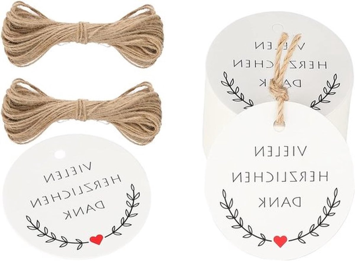 5 cm cadeau hangers met bedanklabels - 100 stuks met 20 meter jute touw (wit) voor feestjes en evenementen