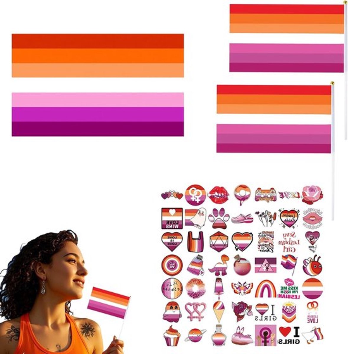Set van Lesbische Vlaggen - Inclusief Grote Vlag (150x90cm), 2 Kleine Vlaggen met Plastic Stokken (14x21cm) en 50 Stickers - Duurzaam, Weerbestendig, Perfect voor Binnen en Buiten Gebruik