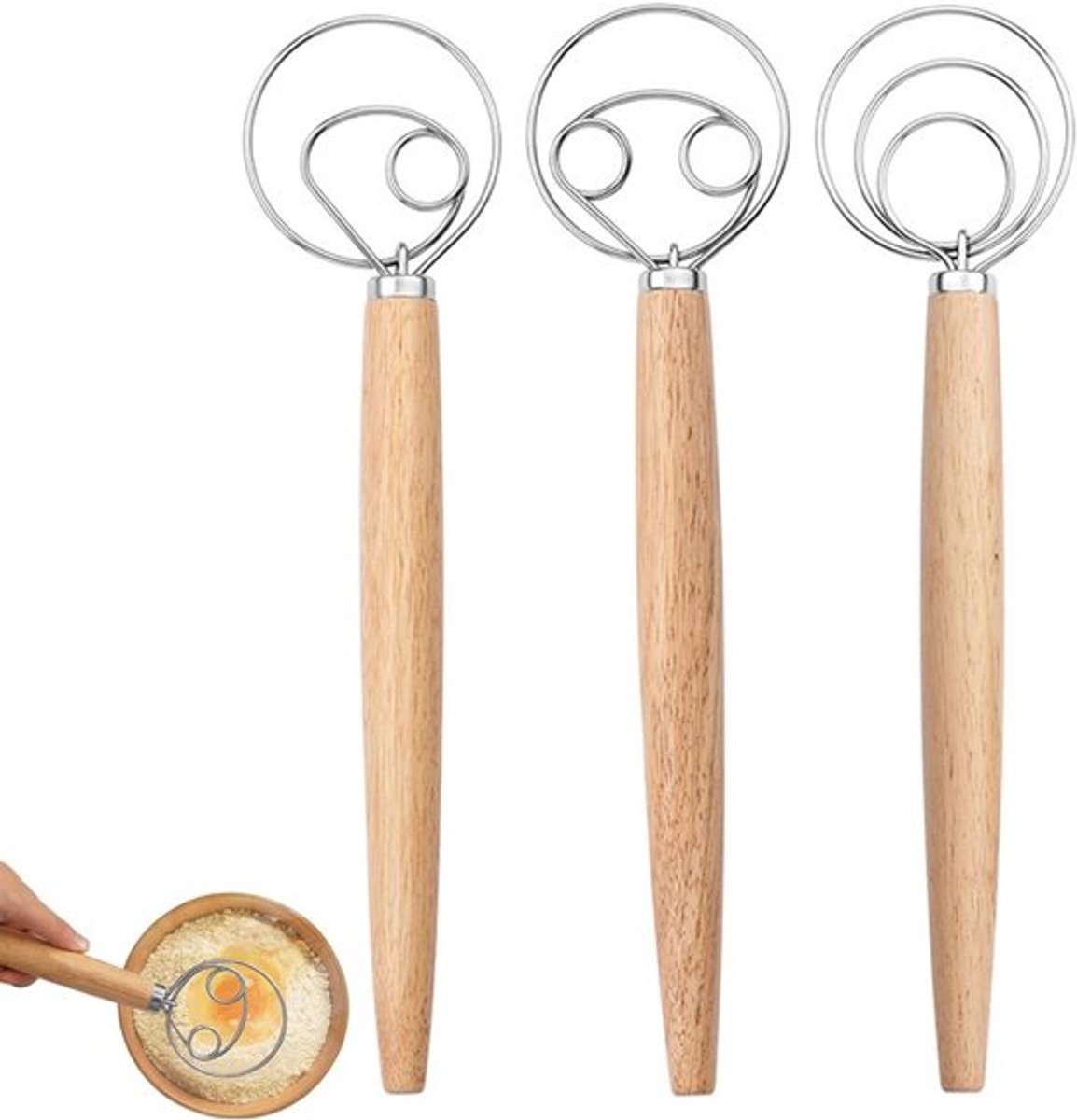 Handmatige deegmixer met houten handvat en roestvrijstalen kop voor brood en gebak - 3 verschillende maten voor perfect deegmixen in de keuken