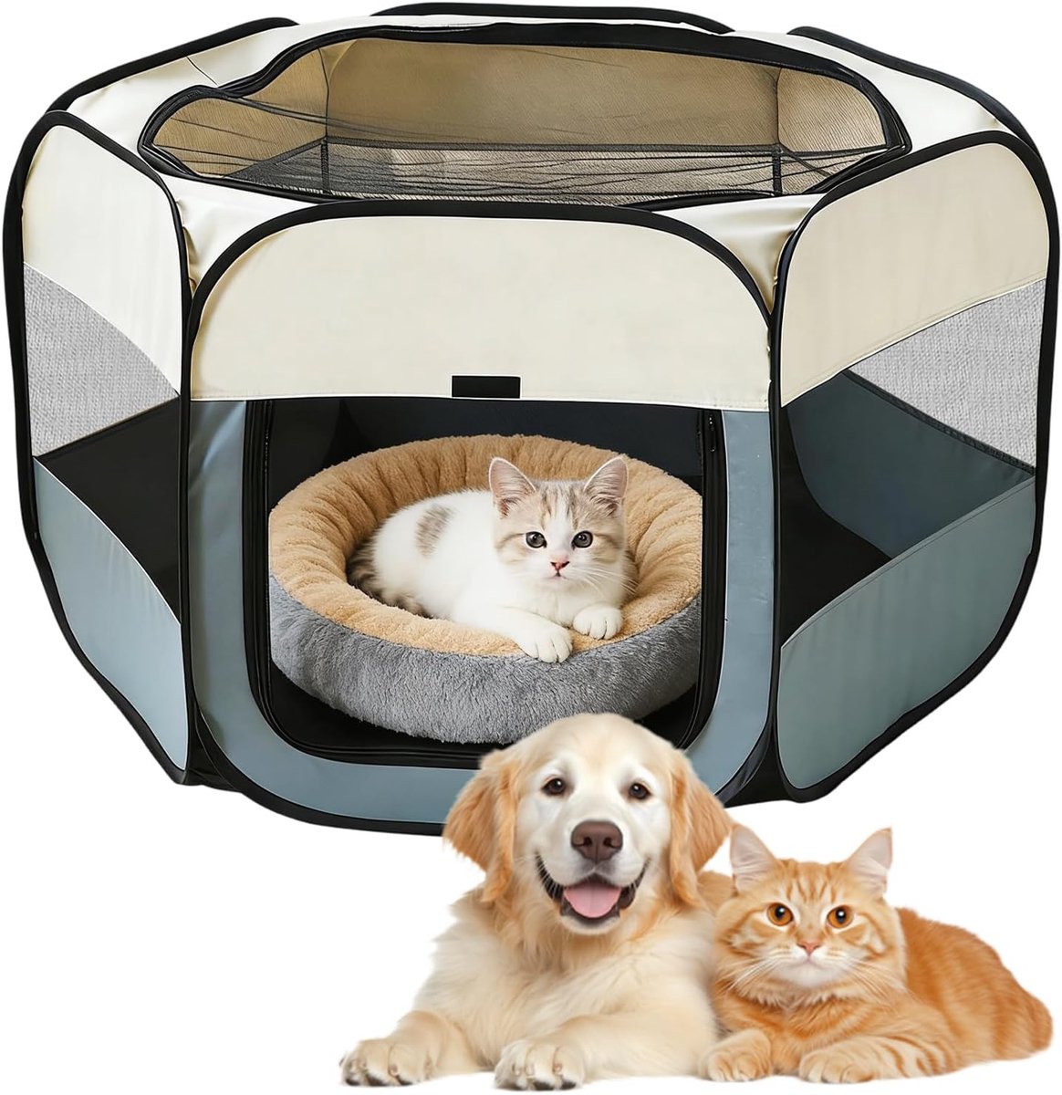 110 x 110 x 60 cm, opvouwbare puppybox, draagbare hondenbox voor woning, hondenhok opvouwbare box voor huisdieren, katten, konijnen en kleine dieren, zowel (beigegrijs)
