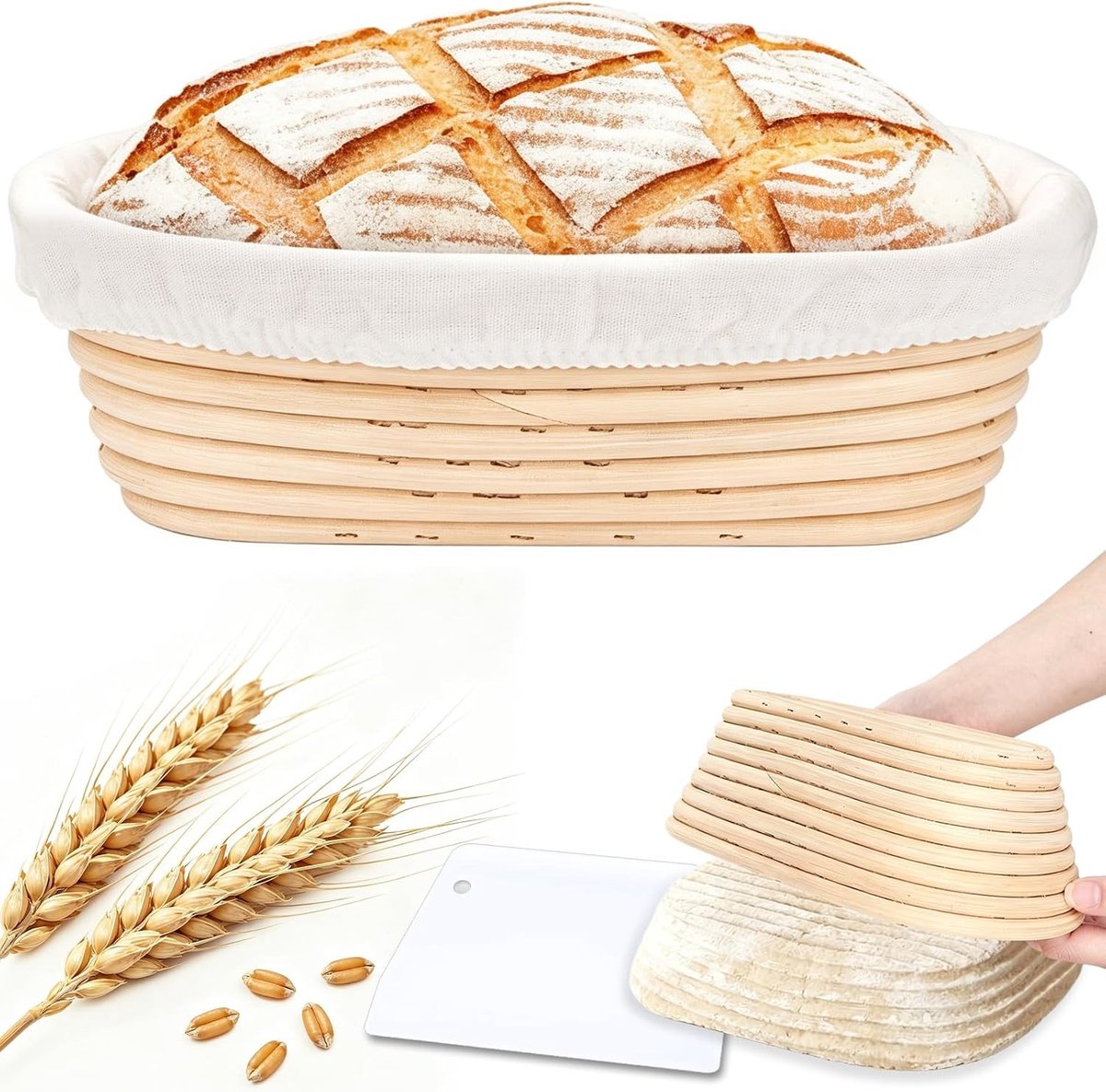 Rijsmandje ovaal 25cm - natuurlijk vlechtwerk - met linnendoek - ideaal voor brooddeeg - SnelShoppen