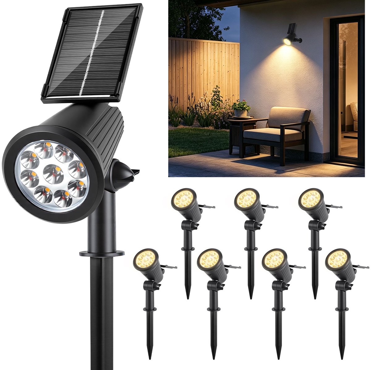 Solar Tuinspots Set van 8 – 9 LED Warm Wit – Verstelbare Buitenlampen met Grondspies - zonnespot voor buiten - waterdicht IP65 - 3W