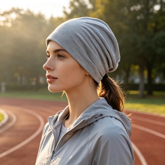 Vrouw met een grijze beanie op een atletiekbaan.