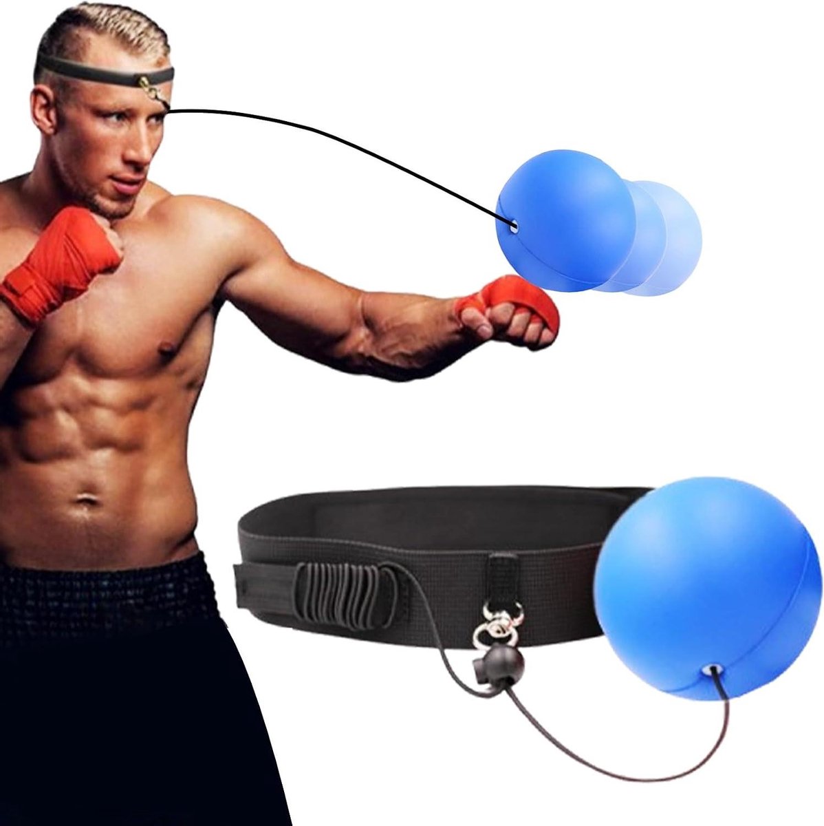 Boxbal Reflex - Trainingsbal Boksen - Verbeteren Reactievermogen - Verstelbare Hoofdband - 9 cm Diameter - Blauw
