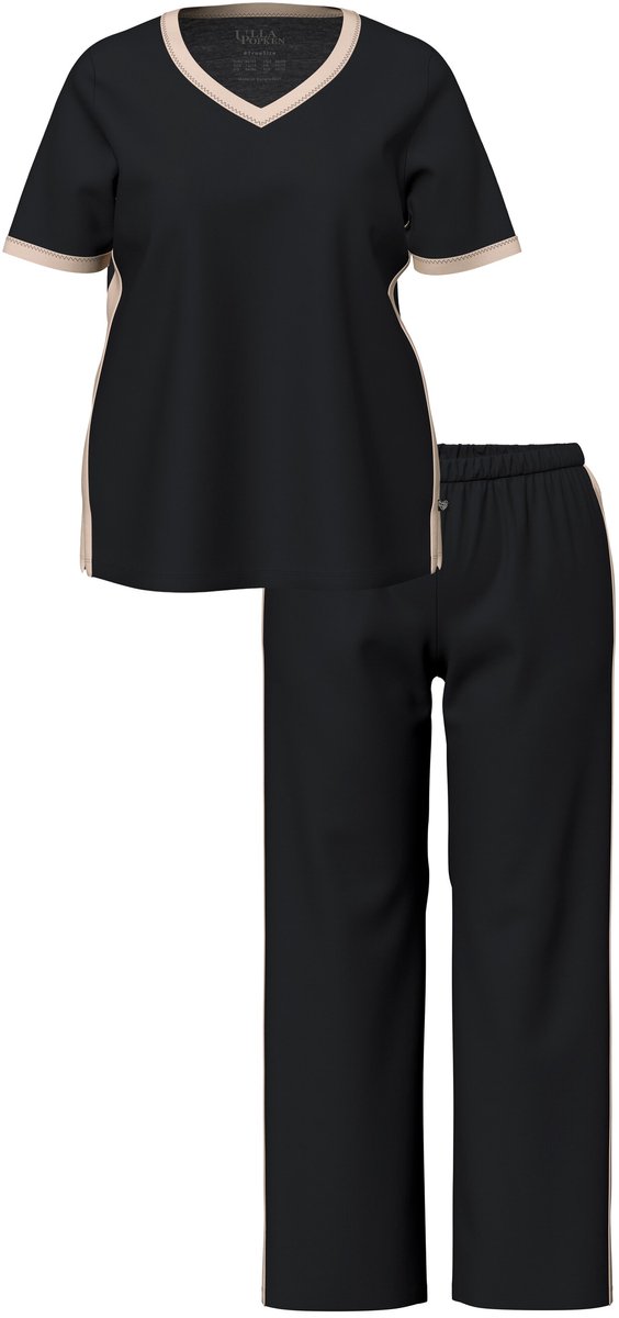 Ulla Popken - Dames - Pyjama zijstrepen V-hals korte mouwen - Zwart - Maat 46+