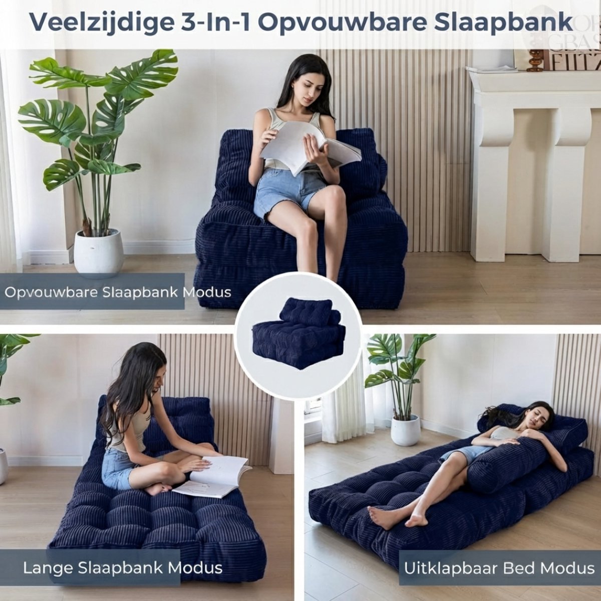 Lìon® Slaapstoel - Slaapbank - Logeerbed - Marineblauw - 190cm x 85cm x 20cm