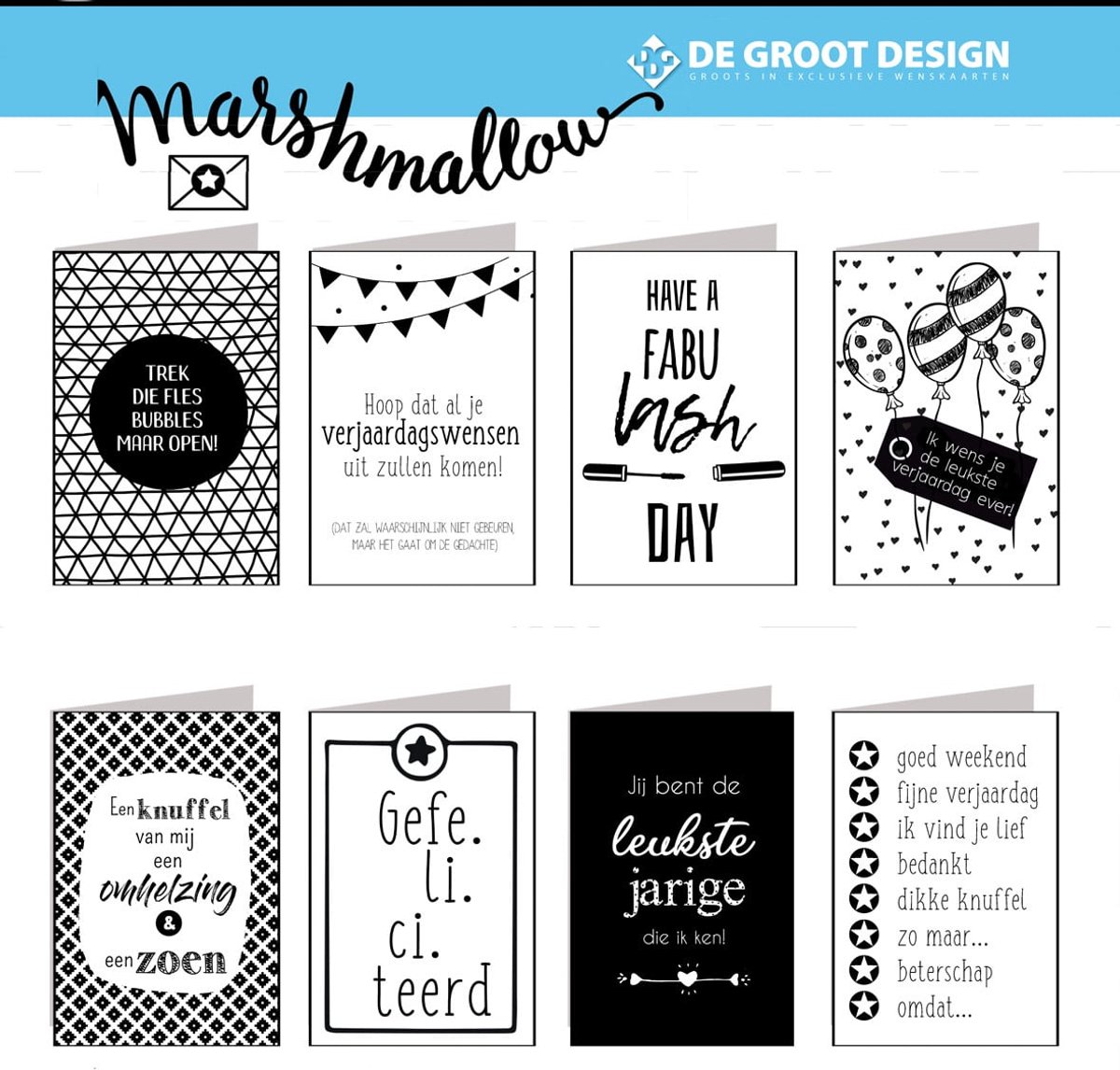 Marshmallow 15x10cm - complete serie inclusief display in bruikleen, topkaart en backcards