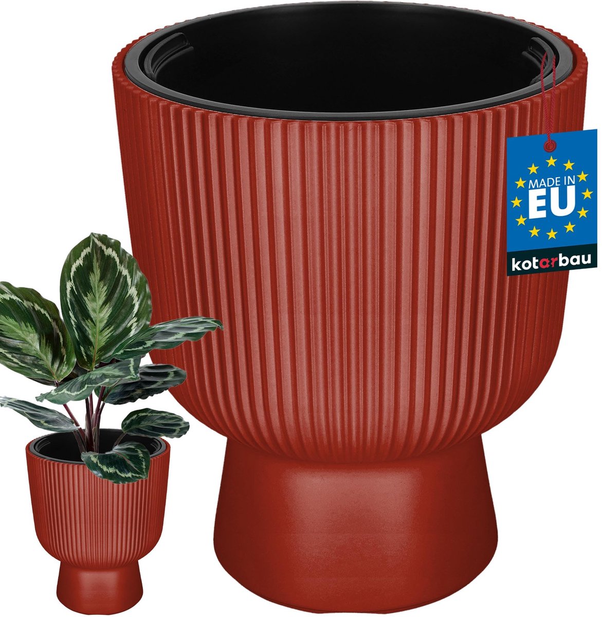 KOTARBAU® Bloempot - Plantenpot Ø 29 cm - met Binnenpot - Geribbelde Plantenbak - Plantenpot met Voet - Plantenbak - Kunststof - H: 36 cm - Baksteen