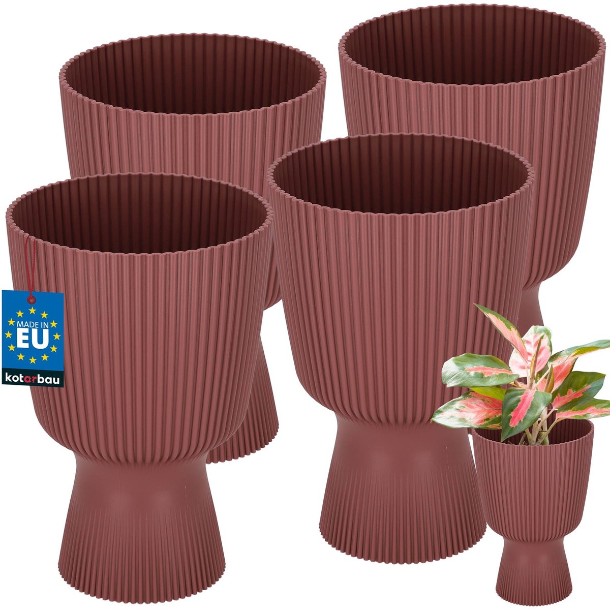 KOTARBAU® 4 Stuks - Bloempot - Plantenpot met Sokkel ⌀ 14 cm - PVC - Geribbelde Orchideeënpot - H: 21 cm - Marsala - Kelkvorm