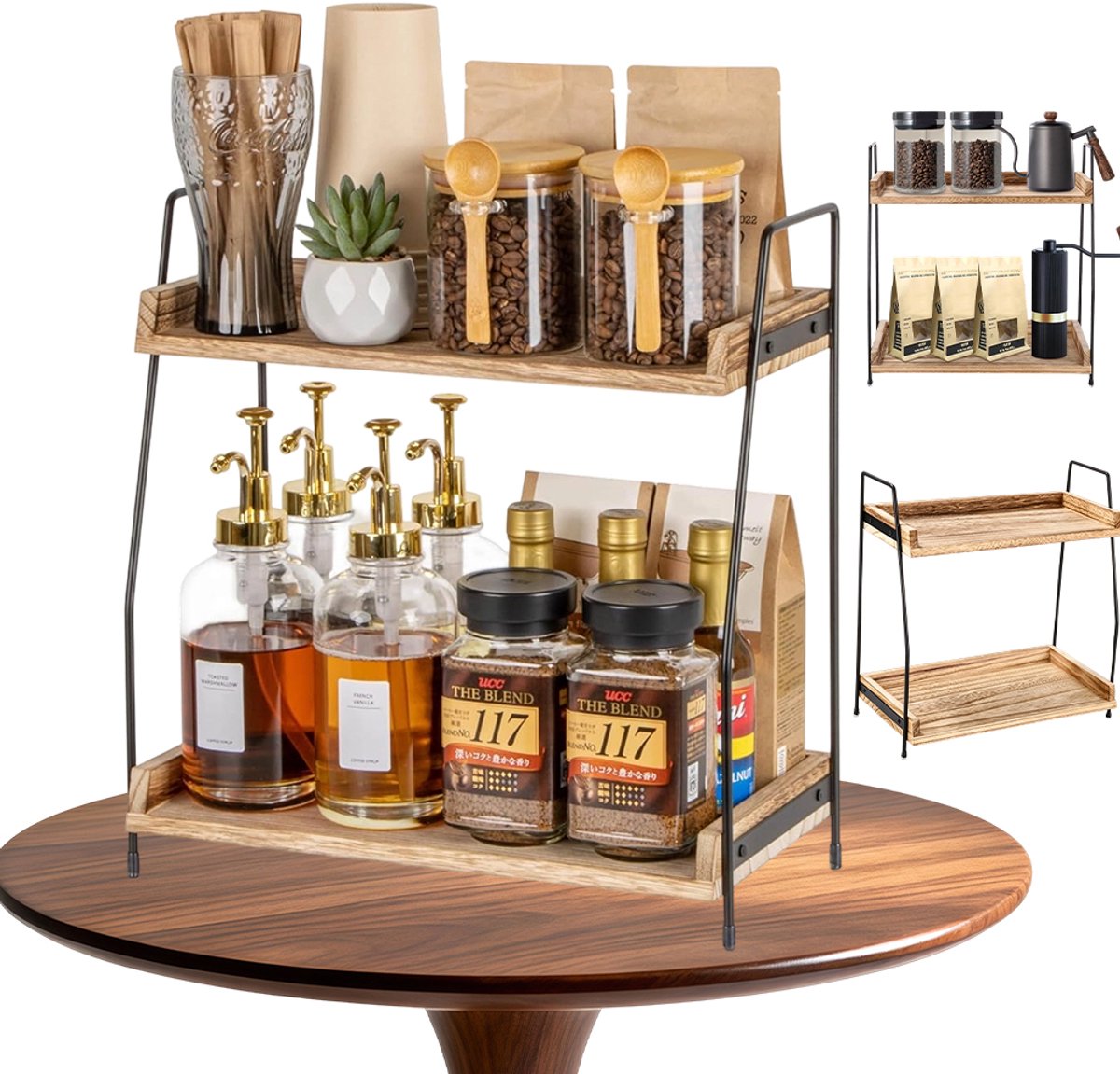 Dubbellaags Bureau Opbergrek - IJzer & Hout Open Schappen - 38x19x35cm - Koffiehoekrek - Incl. Schroevendraaier & Antislip - Voor Kopjes, Kantoor & Keuken