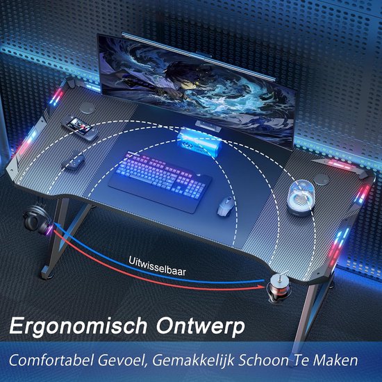Gaming Bureau - PC Tafel - Studeren Spelen Werken - Met LED Verlichting - 140 x 60 cm - Zwart — afbeelding 3