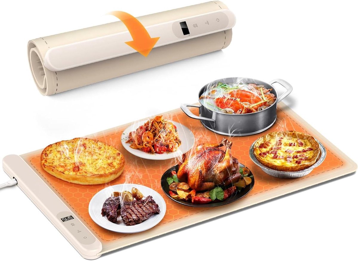 Voedselverwarmingsmat - Oprolbare warmhoudplaat - Eten warm houden - Grafeen verwarmingstechnologie - 38 cm breed - Wit