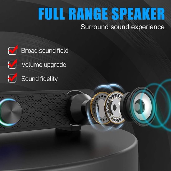 Computer Soundbar - PC Luidspreker - Muziek Luisteren - Coole LED Verlichting - Dubbele 5W Drivers - Zwart — afbeelding 5
