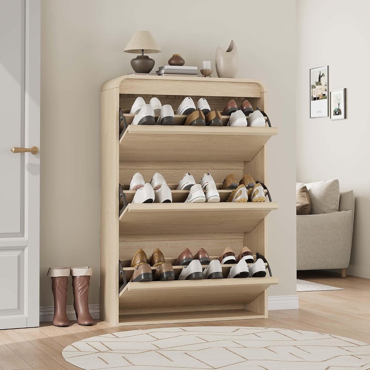 Moderne schoenenkast – 3 uitklapbare lades – Houten schoenenkast – Verstelbare plank – Verborgen schoenenkast voor de hal of woonkamer – 118 × 80 × 26 cm – Natuurlijk eiken