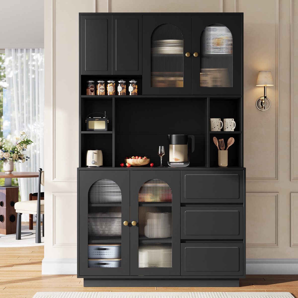 VVBV Bar-/Drankkast - 106 x 30 x 175 cm, Zwart, met 3 Lades en 2 Deuren, LED-Verlichting, App-bediening, Acrylvak, MDF & Acryl