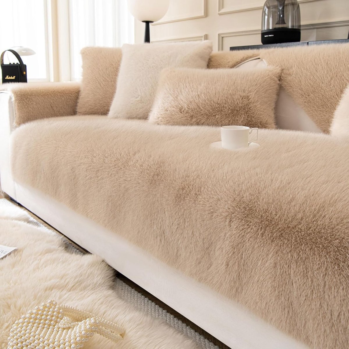 Zachte Velours Sofa Bescherming voor 1-4 Zits Bank, Antislip, Geschikt voor Huisdieren en Kinderen, Inclusief Armleuning- en Rugleuninghoezen (Khaki, 28"x28")