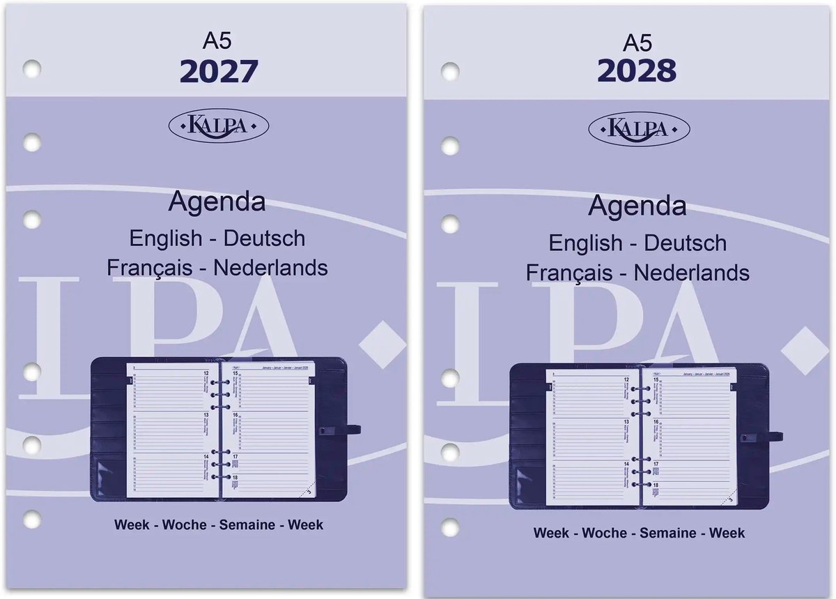 Kalpa 6306-27-28 210 x 144 mm A5 6 Ringendagboek Vulling 1 Week per 2 Paginas Jaardoos EN DE FR NL 2027 2028