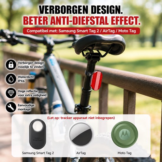 Fietsreflector compatibel met Samsung SmartTag 2, AirTag en Moto Tag, met verborgen design en hoge reflectie.