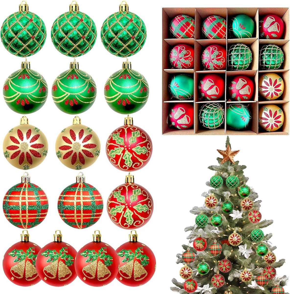 16 Stuks Onbreekbare Kerstballen Retro 6 cm | Shatterproof Plastic, Decoratie voor Binnen en Buiten, Vintage Kerstversiering, Hangende Ornamenten