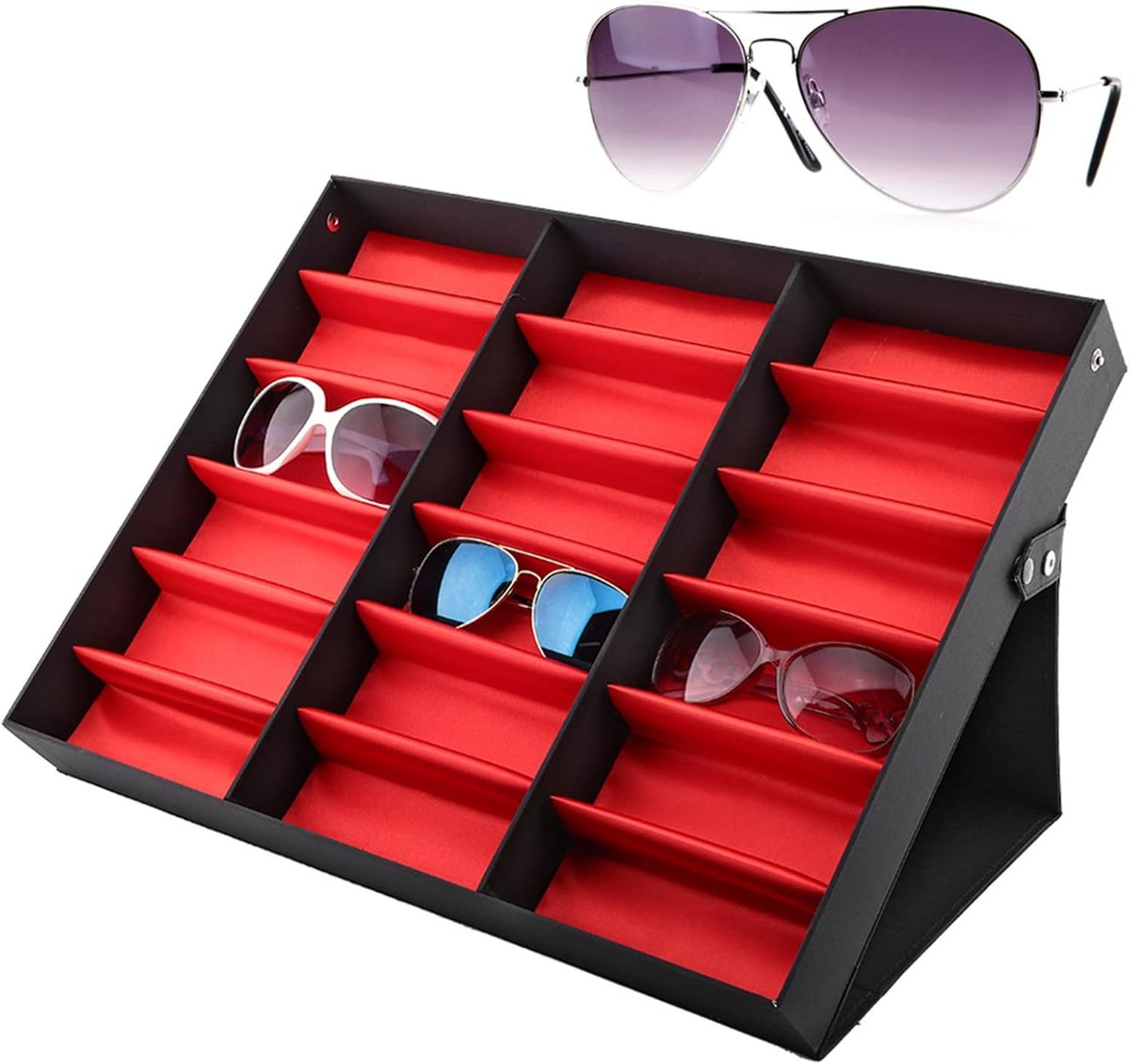 SnelShoppen - Zonnebril Organizer met 18 Rasters, Opbergbox voor Zonnebrillen en Sieraden, Vouwbare Deksel, Collectie Opbergdoos, Reistas - 47x37x6 cm