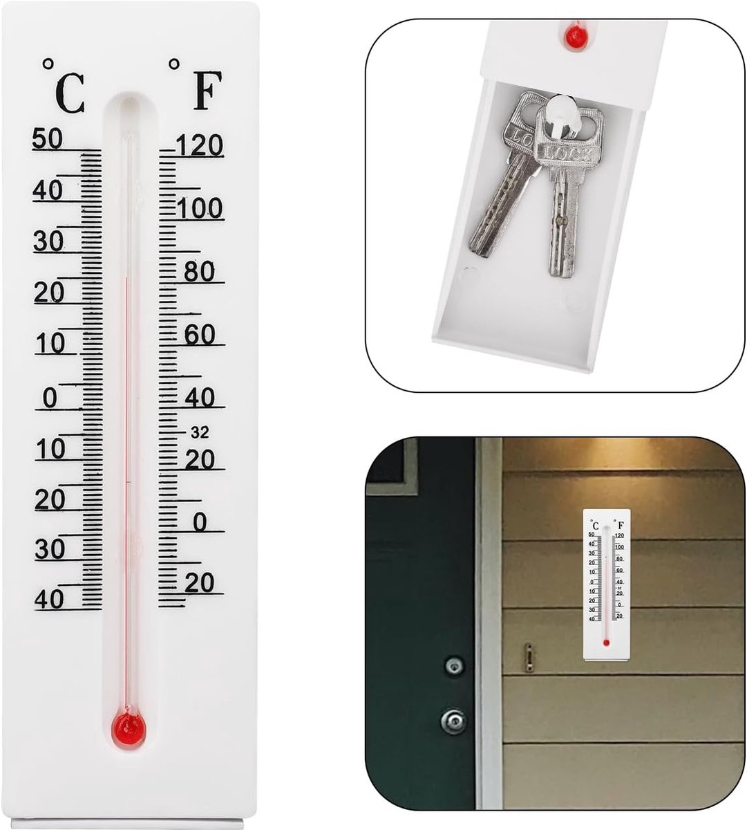 SnelShoppen - Decoratieve Thermometer Sleutelhanger Buiten, Versteckte Sleutelopberger, Weerbestendig Resin, Inclusief Compartment voor Geld en Muntje