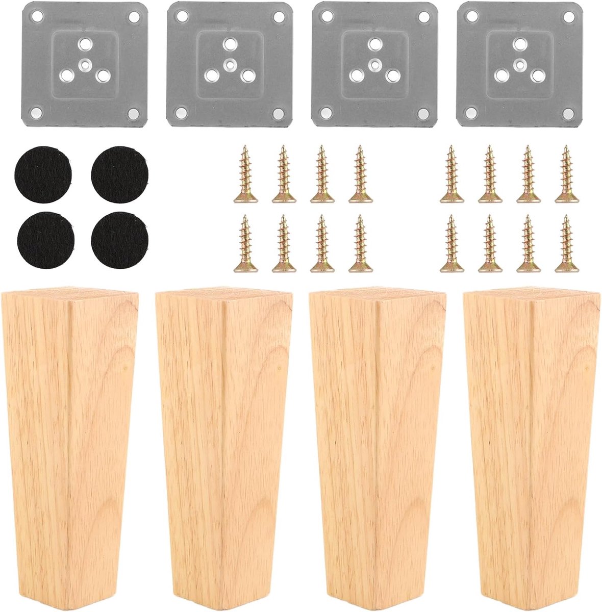SnelShoppen - 4 Stuks Meubelpoten 15 cm Hout, Vierkante Houten Poten Eiken met Voetkussen voor Tafel en Kast