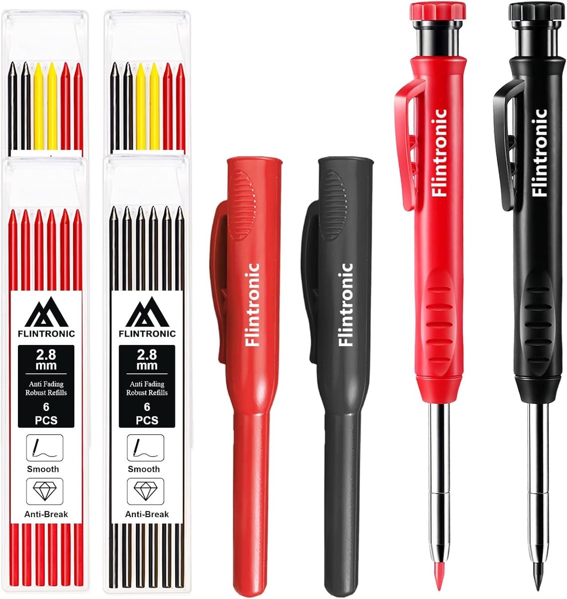 Diepe gaten marker potlood set, 8-delige timmermanspotlood set met 26 navullingen, robuust potlood voor bouwprojecten en architecten, inclusief handige opbergcase