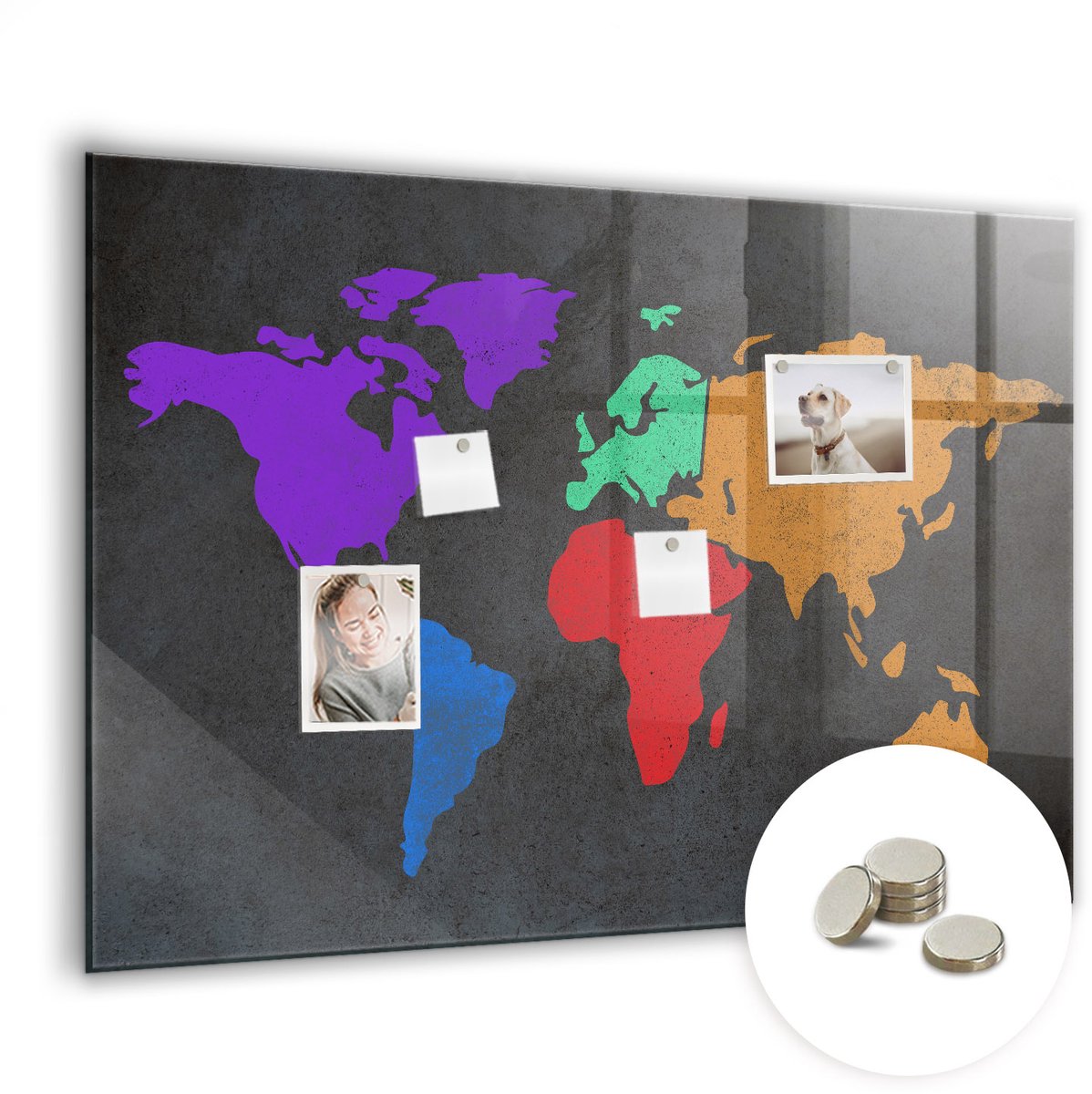 Coloray Glazen Magneetbord - Magnetisch Bord Wereldkaart met vlaggen - 100x70 cm - Veelkleurig Magneetbord - Magnetic Board - Magneetbord Design