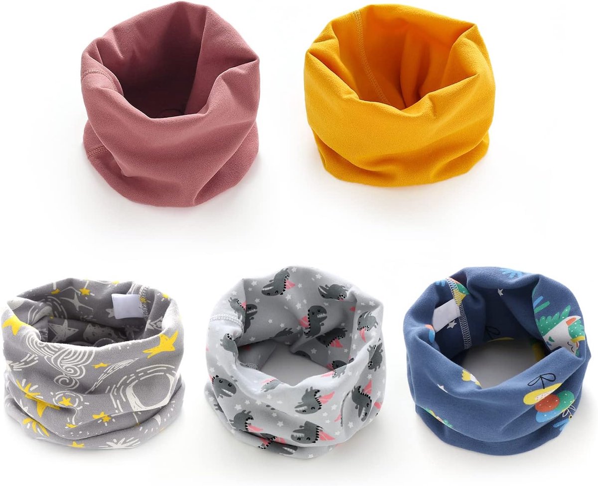 SnelShoppen - 5 Stuks Kindersjaals, Warme Bovenkleding voor Jongens en Meisjes, O-Ring Sjaals, Winddicht Katoen, Schattige Cartoonprint, Geschikt voor