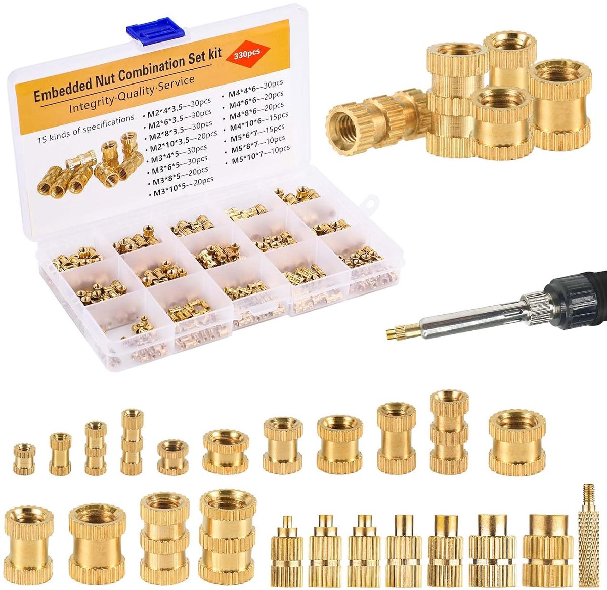 SnelShoppen - Threaded Insert Set, 1 Warmte Staaf, 7 Tips Heat Set Inserts en 330 Messing Moeren voor 3D Printen en Kunststof Bevestigingen