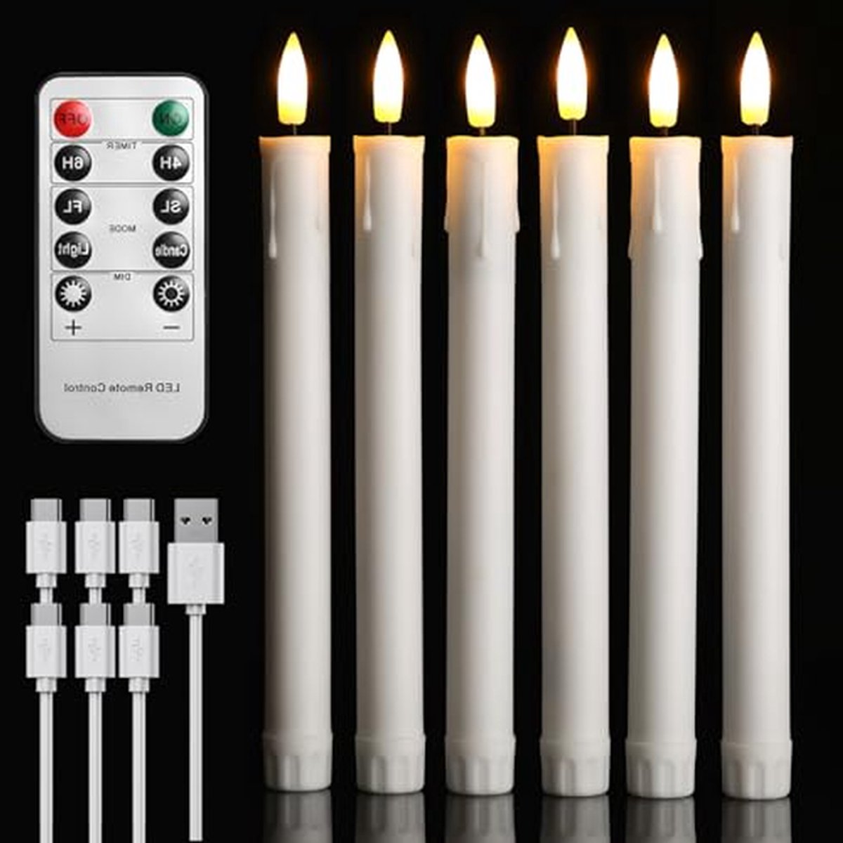 Led Kaarsen - Flikkerende Kaarsen - Sfeer Creëren - Oplaadbaar Met Afstandsbediening - 6 Stuks 22 Cm - Wit