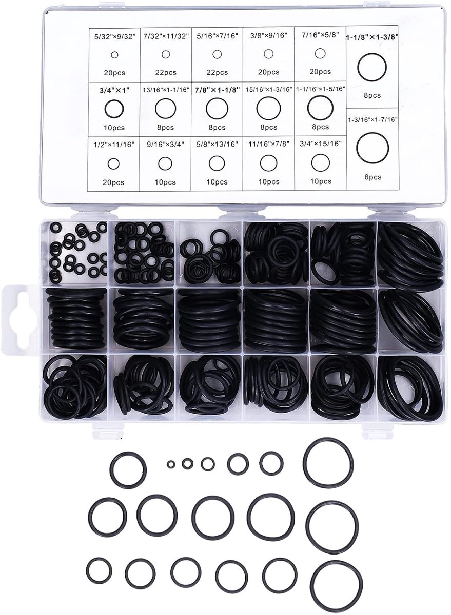 SnelShoppen - O-Ring Assortiment 222-Stuks Rubber Ringen Duurzaam Zwart voor Voertuigen, Waterdicht en Flexibel voor Elektrische Apparaten en Bescherm