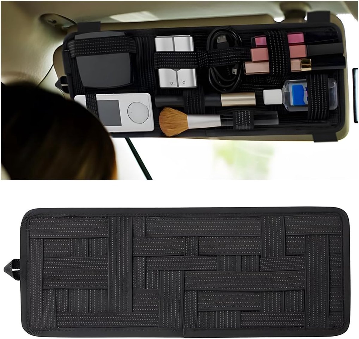 SnelShoppen - Multi Organizer voor Auto Zonneband, Auto Interieur Opberging, Zonneband Opbergzak, Auto Clip Organizer (Zwart)