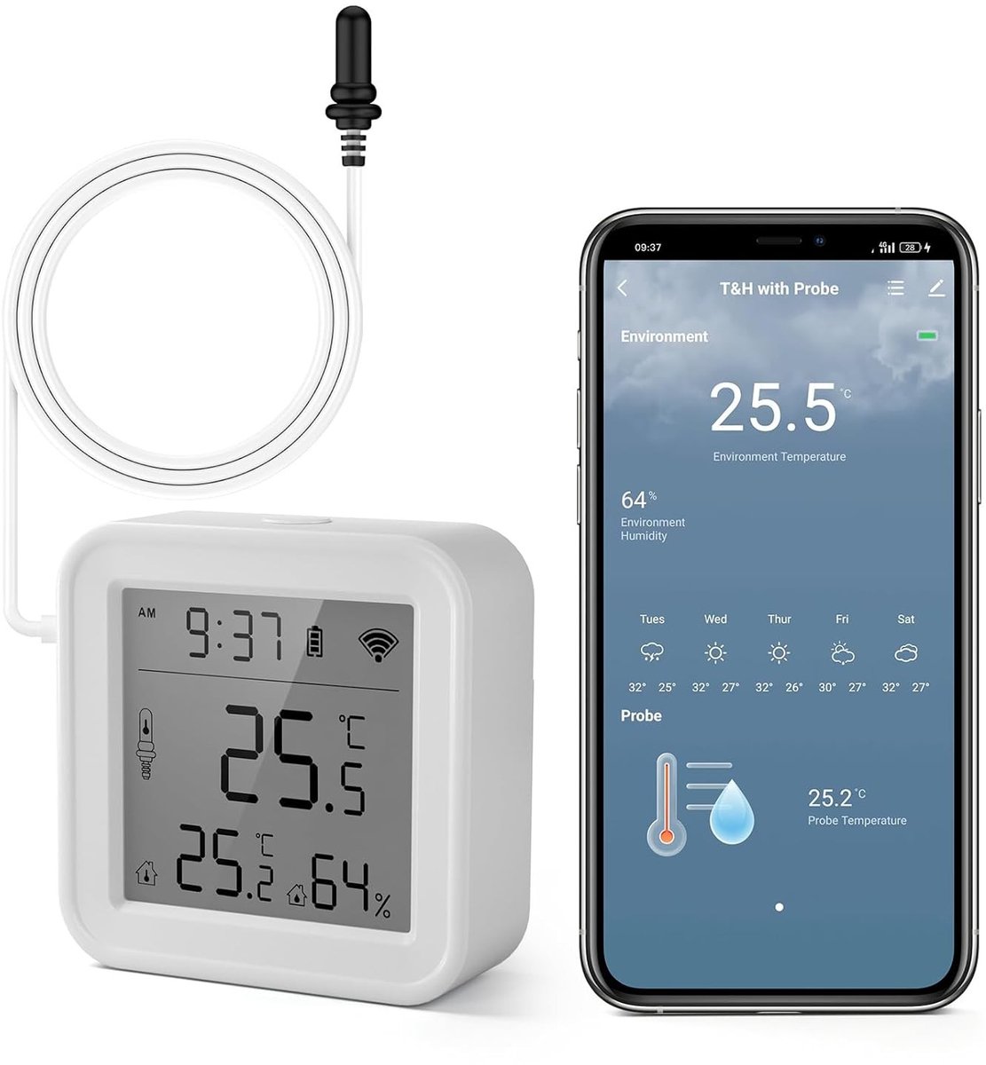 Thermometer en Hygrometer - Wit - 5,6 x 5,6 cm - Digitaal met Wifi-app en Alarmfunctie - Voor Binnen en Buiten