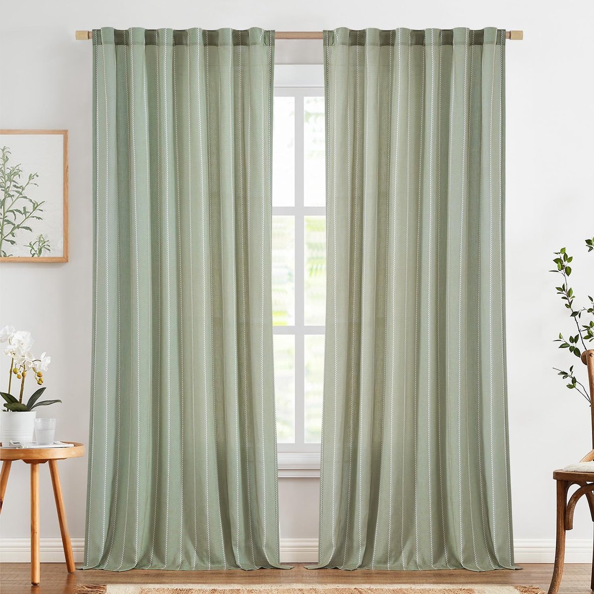 SnelShoppen - Set van 2 Gordijnen, H 245 x B 140 cm, Groen, Voor Woonkamer, Slaapkamer, Keuken, Linnen, Gestreepte Gordijnen met Trekkoord, Landhuisst