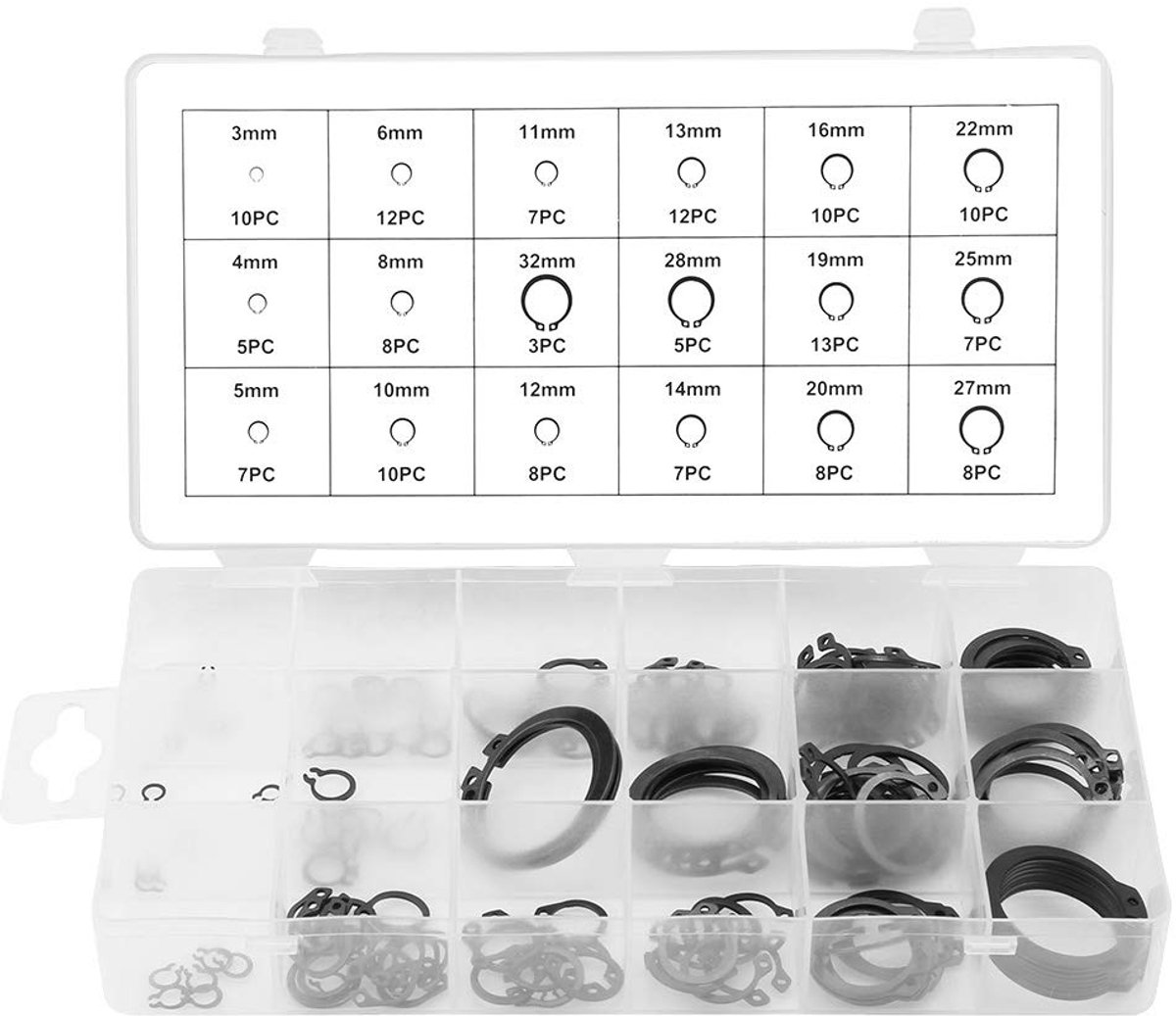 SnelShoppen - 150 Stuks C-Clip, Snap Ring, Retaining Ring, Circlip Assortiment met Koffer, Snap Retaining Ring Circlip Set 3mm-32mm in 18 Maten