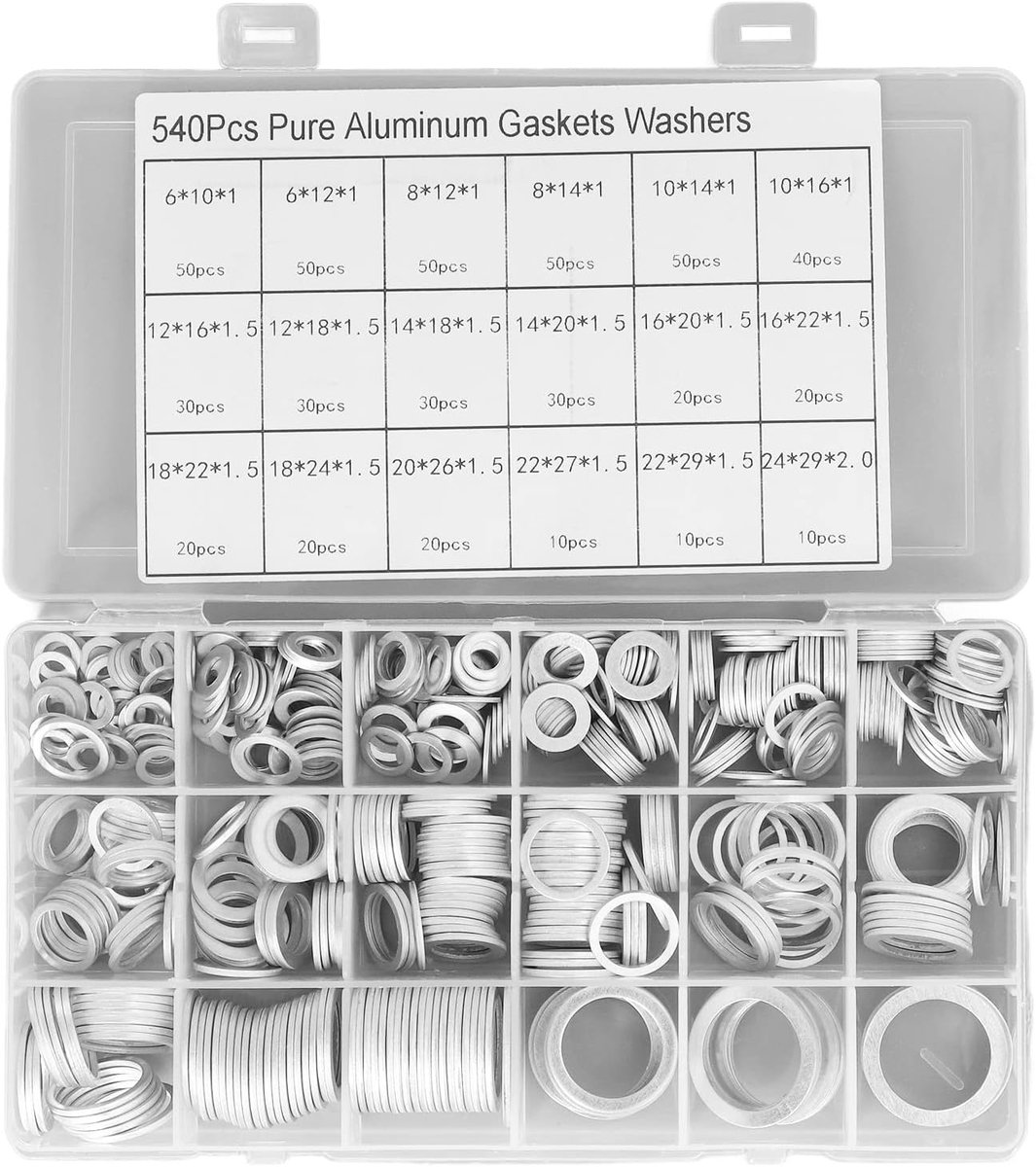 SnelShoppen - 540 Stuks Seal Dowty Washerset, Inclusief Opbergdoos, 18 Veelvoorkomende Maten, Aluminium Legering, Roest- en Corrosiebestendig, Voor Au