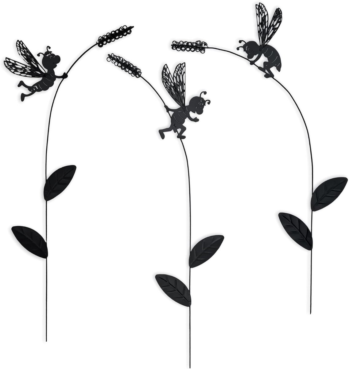 SnelShoppen - Set van 3 Bijen op Bloemen, Tuinsteker, Bloemplug, Tuindecoratie, Decoratie voor Tuin en Balkon, Zwart Metaal