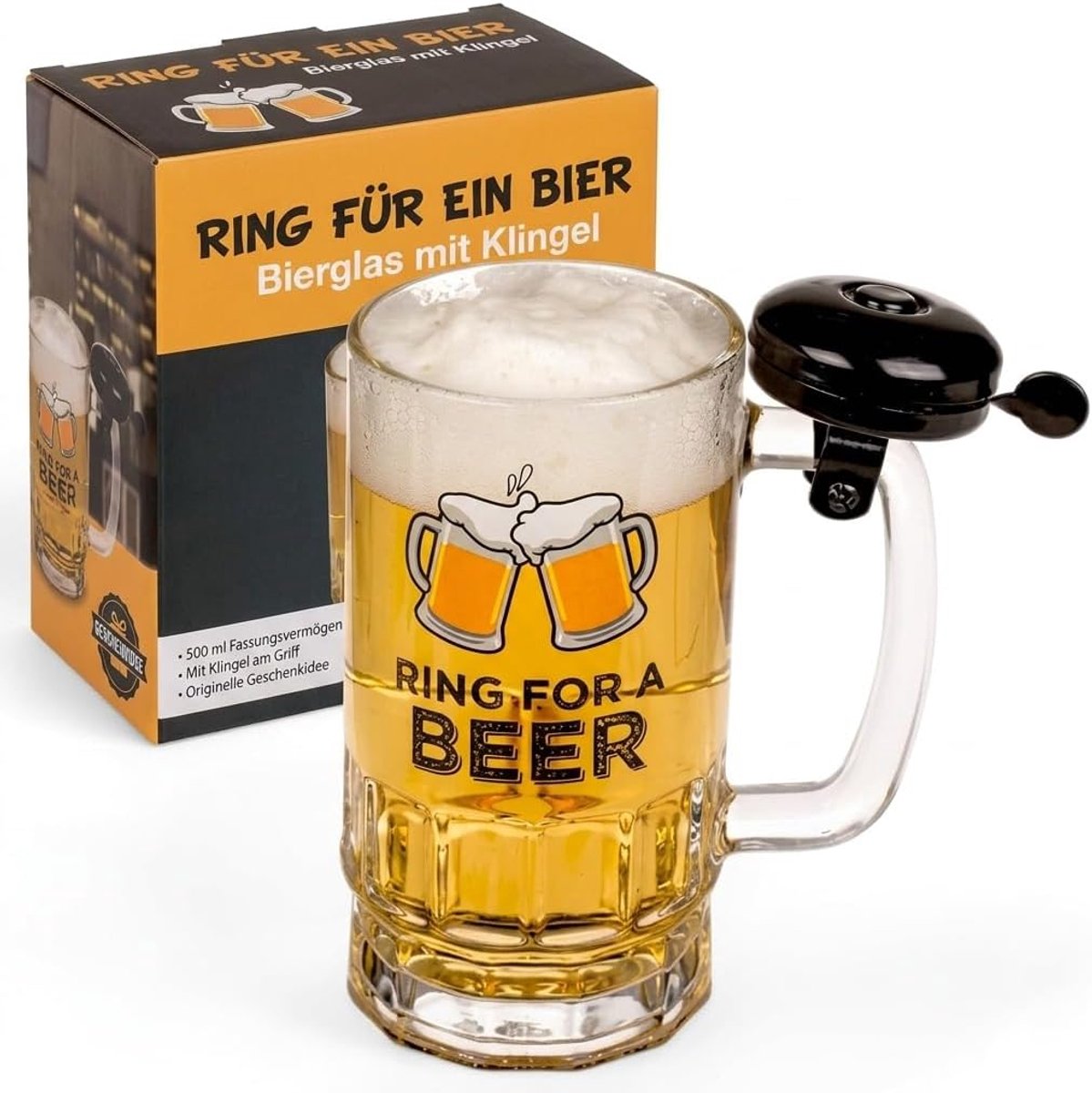 SnelShoppen - Bierglas met Bel - Grappig Bierglas met Fietsbel aan Handvat - 500 ml - Perfect voor Bierliefhebbers - Leuke Cadeau voor Feest, Tuin, Ca