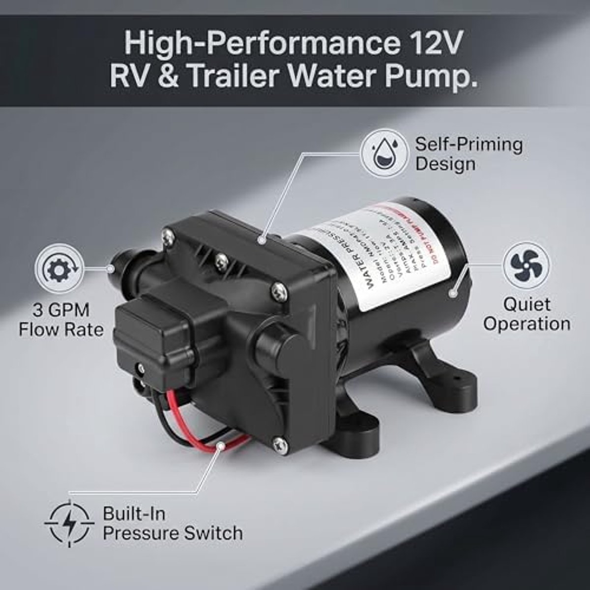 SnelShoppen - Diaphragm Water Pump 4008101E65, 55 PSI, 3 GPM, Zelfaanzuigende Waterpomp met Druksensor, 7.5 Amp, 12 V DC voor Motorhomes en Caravans