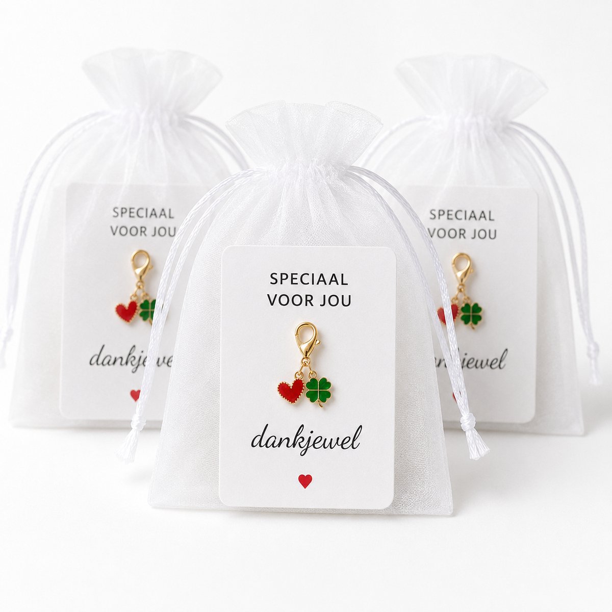 Bedankt Cadeautje 12 Stuks - Hart & Klaver Sleutelhanger met Dankjewel Kaartje & Zakje - Bedankjes Juf & Collega - Kasey