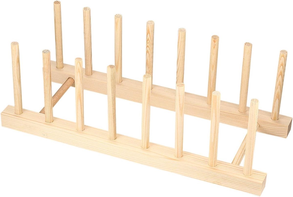 Houten Afwasrek, Keuken Organizer, Bordenhouder, Potten en Deksel Organizer, Boekstandaard - Ruimtebesparende Oplossing voor Keuken en Eetkamer met 7 Slots voor Bekers