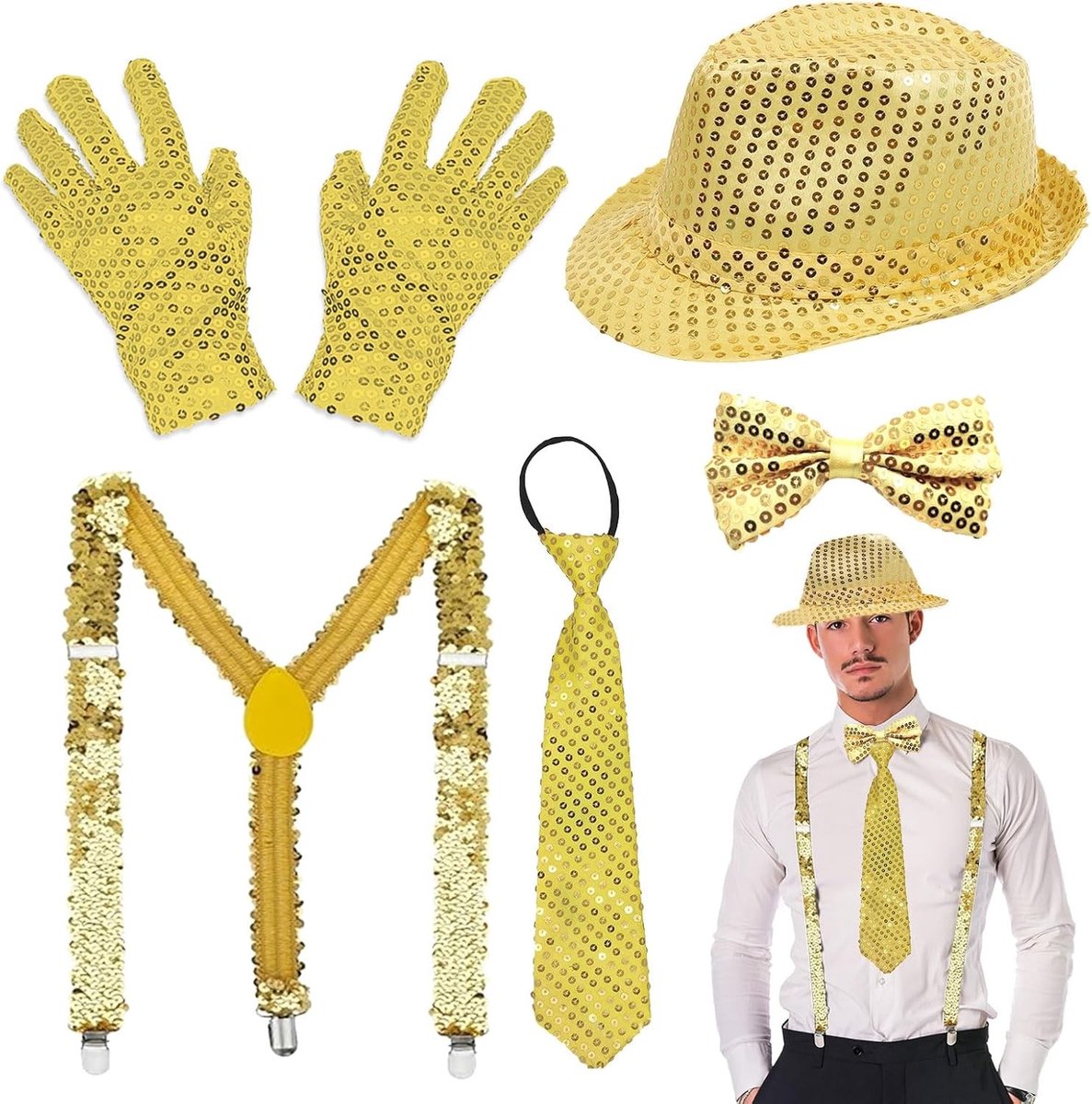 Jazz Dance Hoed en Accessoires Set voor 70s Disco Kostuum - Sequin Hoed, Handschoenen, Strik en Bretels voor Carnaval en Dansshows