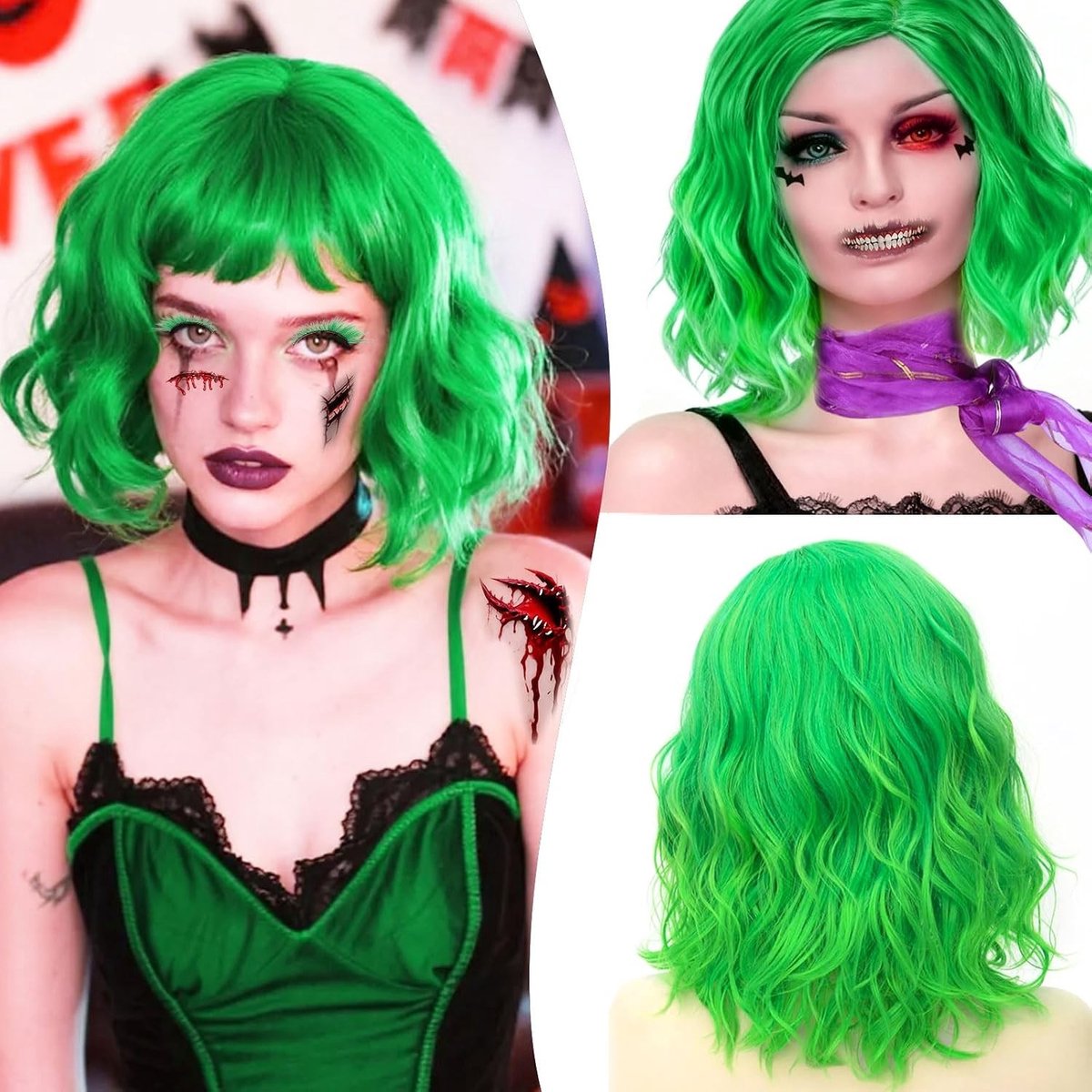 Groene Halloween Perücke voor Vrouwen met Haarnet, Paarse Sjaal, Oorbellen en Wimpers, Perfect voor Carnaval en Themapartijen, Cosplay Accessoires en Kostuumdecoratie