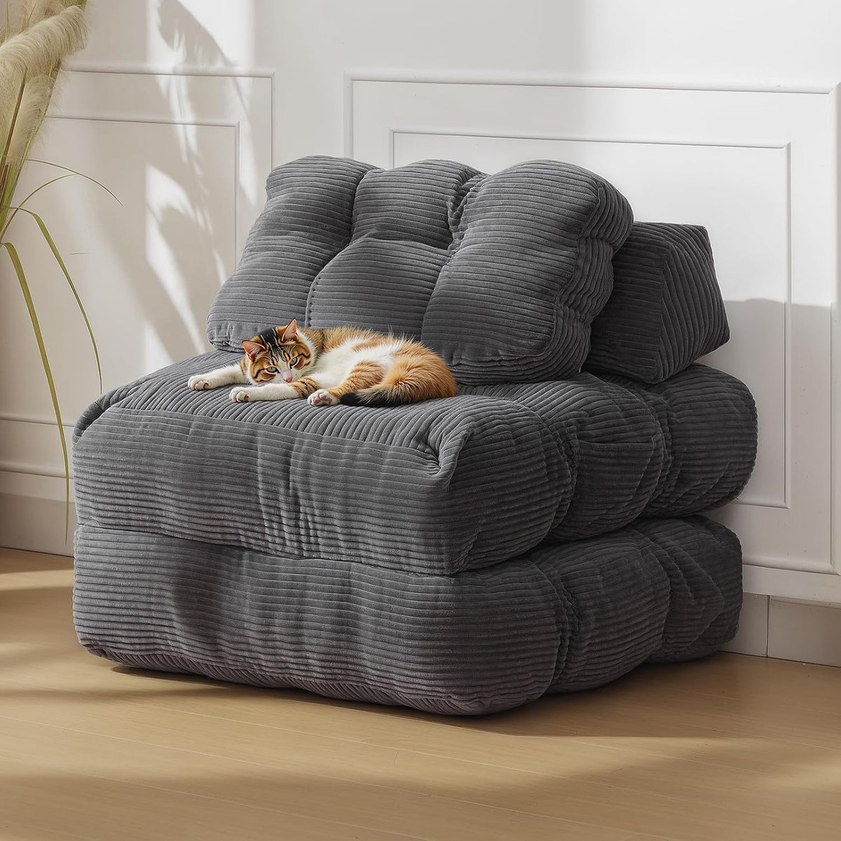 3-in-1 Slaapbank & Opvouwbare Fauteuil - Comfortabele Loungestoel met Kussen - Luxe Ribstof (Corduroy) - Wasbare Hoes - Ruimtebesparend Logeerbed - Grijs